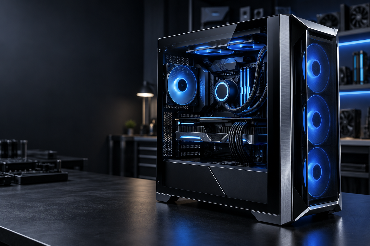 Gaming PC with blue lighting